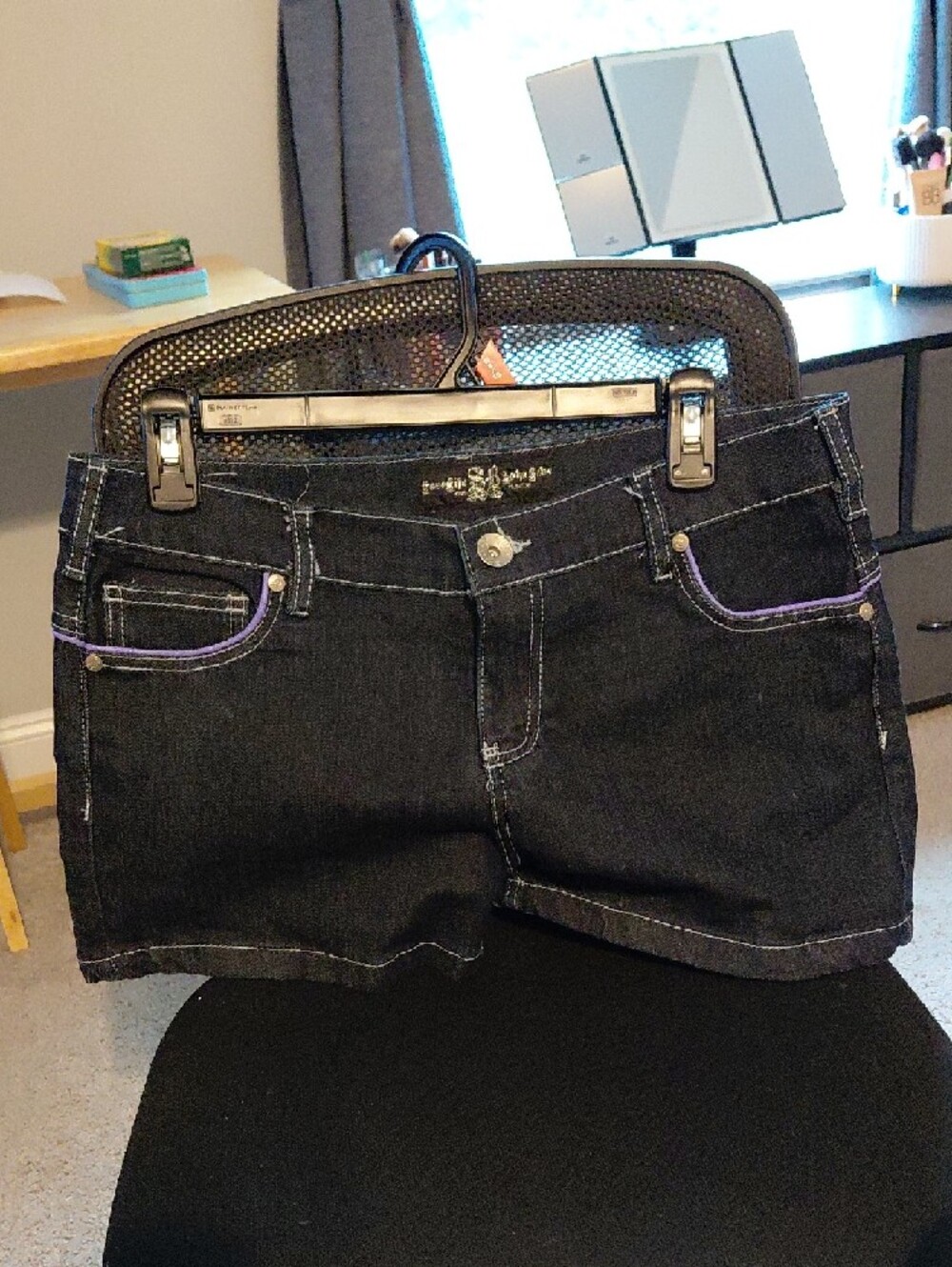 Affliction Black Denim Shorts with Purple Stitching and Heart Zip Pockets